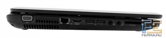 Левый торец HP Pavilion g6-1254er: D-SUB, RJ-45, HDMI, два USB, аудио выход, вход для микрофона, карт-ридер