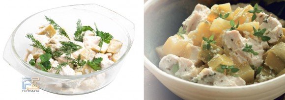 Справа — фото курицы с кабачками в сметане из из «Книги рецептов для микроволновой печи», слева — то же самое блюдо авторского приготовления