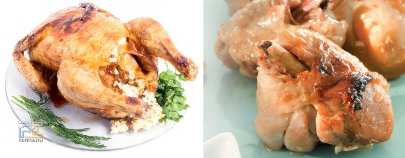 Справа — фотография из «Книги рецептов для микроволновой печи», кусочки курицы, слева — курица, запеченная целиком в режиме Double Grill