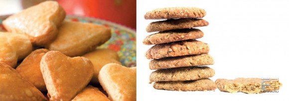 Слева — печенья «Сердечки» из «Книги рецептов для микроволновой печи», справа — овсяное печенье авторского приготовления