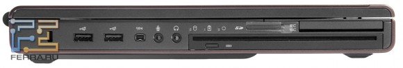 Левый торец Dell Precision M4700: Kensington Lock, два USB, FireWire, аудио разъемы, оптический привод, три светодиодных индикатора, карт-ридер, ридер SmartCard, слот ExpressCard/54