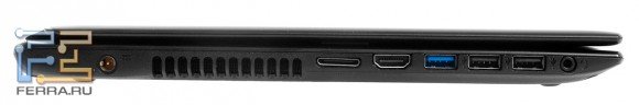 Левый торец Acer Aspire V5-571G: разъем питания, HDMI, USB 3.0, два USB 2.0, аудио разъем, разъем для переходника с D-SUB и HDMI