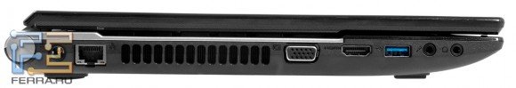 Левый торец Acer Aspire V3-551G: разъем питания, RJ-45, D-SUB, HDMI, USB 3.0, вход для микрофона, выход для наушников