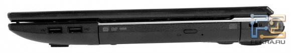 Правый торец Acer Aspire V3-551G: два USB, оптический привод, Kensington Lock