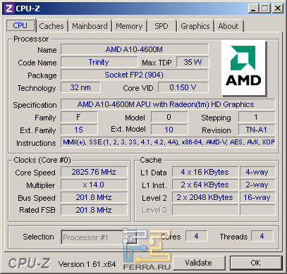 Информация о процессоре Acer Aspire V3-551G, CPU-Z
