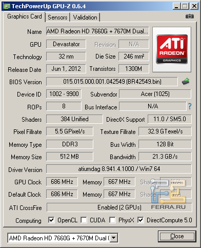 AMD Radeon 7660G + 7670M, режим CrossFire