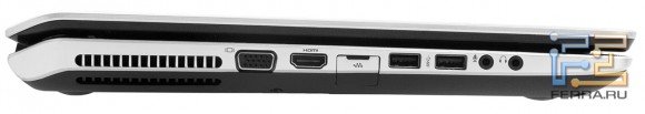 Левый торец HP ENVY dv7-7266er: D-SUB, HDMI, RJ-45, два USB 3.0, аудио разъемы